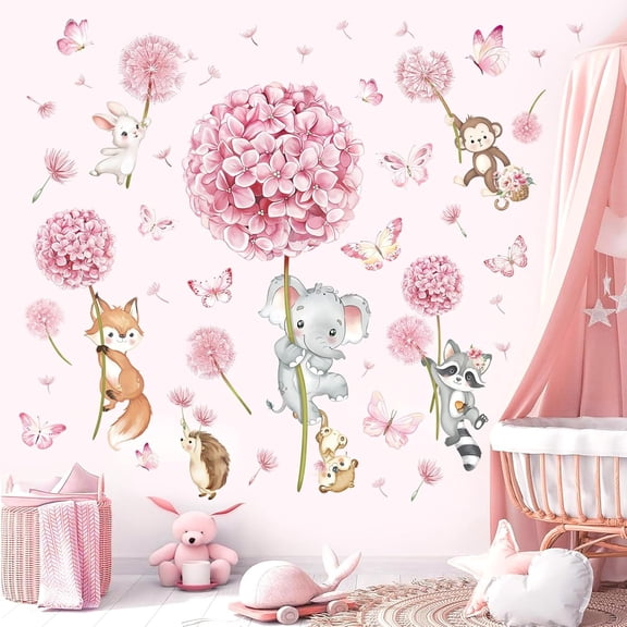 Animal Flower Pink Dandelion Wall Stickers Forest Animals Elephant Fox Monkey Wall Decals Baby Nursery Girls Bedroom Kids Room Wall Decor