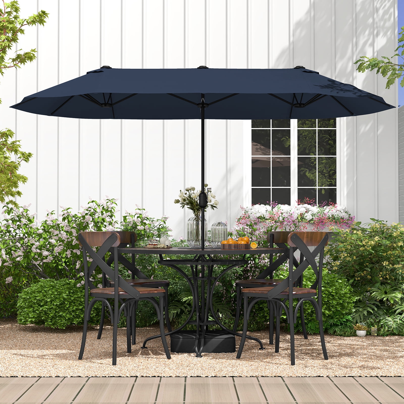 Gymax 13FT Double-sided Patio Umbrella w/ Crank Handle Umbrella Base Safety Lock Navy