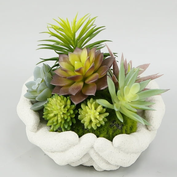 Mainstays Faux Succulent Arrangement in White Ceramic Hands Pot, 4 inch