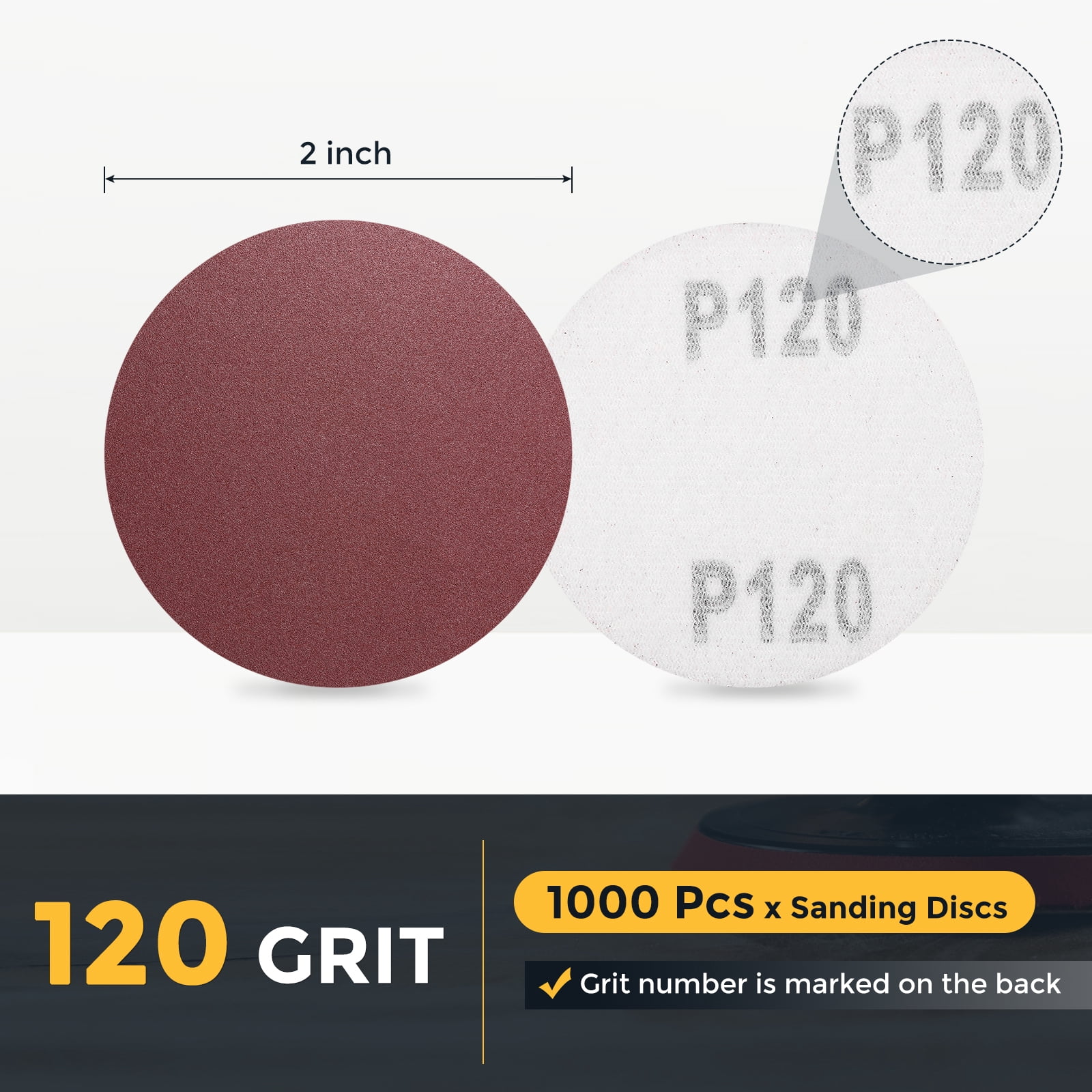 1000 Pcs 2 Inch Sanding Disc 120 Grit Hook and Loop Sandpaper Random Orbital Sander Pads for Woodworking Automotive