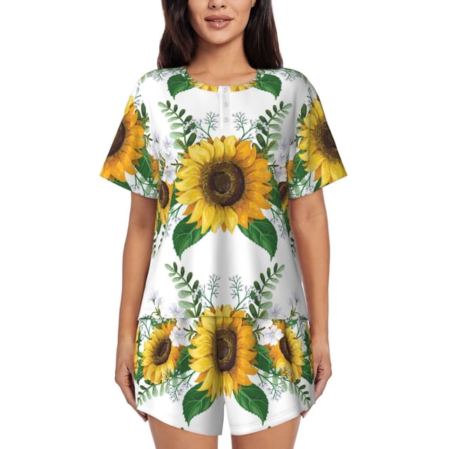 Balery Sunflowers (2) Conjunto de Pijama para Mujer con Estampado, Dos Piezas de Manga Corta y Shorts, Ropa de Dormir Suave con Cuello Redondo y Bolsillos-Small