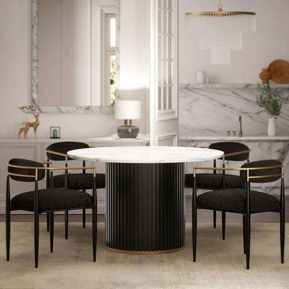 Morden Fort Modern Dining Table Set for 4, 47" Faux Marble Top and 4 Black Boucle Chairs, Dining Furniture Set for Kitchen, Apartment