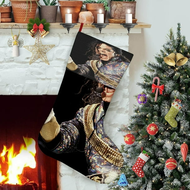 MICHAEL JACKSON Tema: Calcetines de Navidad, fino lino blanco para colgar en escaleras y chimenea, decoración navideña para el hogar, regalo de Navidad. 45cm × 32cm
