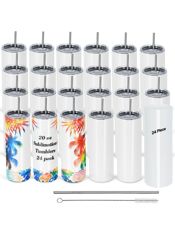 24 Pack Sublimation Tumblers Bulk 20 oz Skinny Straight, Sublimation Blanks Double Wall Stainless Steel Skinny Tumbler with Lid and Straw, Shrink Wrap Film, Individually Boxed, for Heat Press Machine