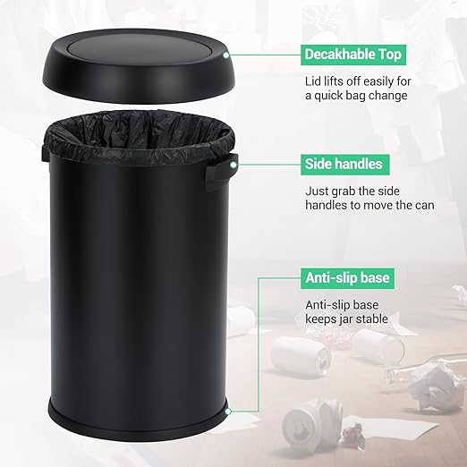 Basics Round Stainless Steel Trash Can with Swing lid, Large Kitchen Round Can - 65 Litre/ 17.2 Gallon, Silver, Black,White