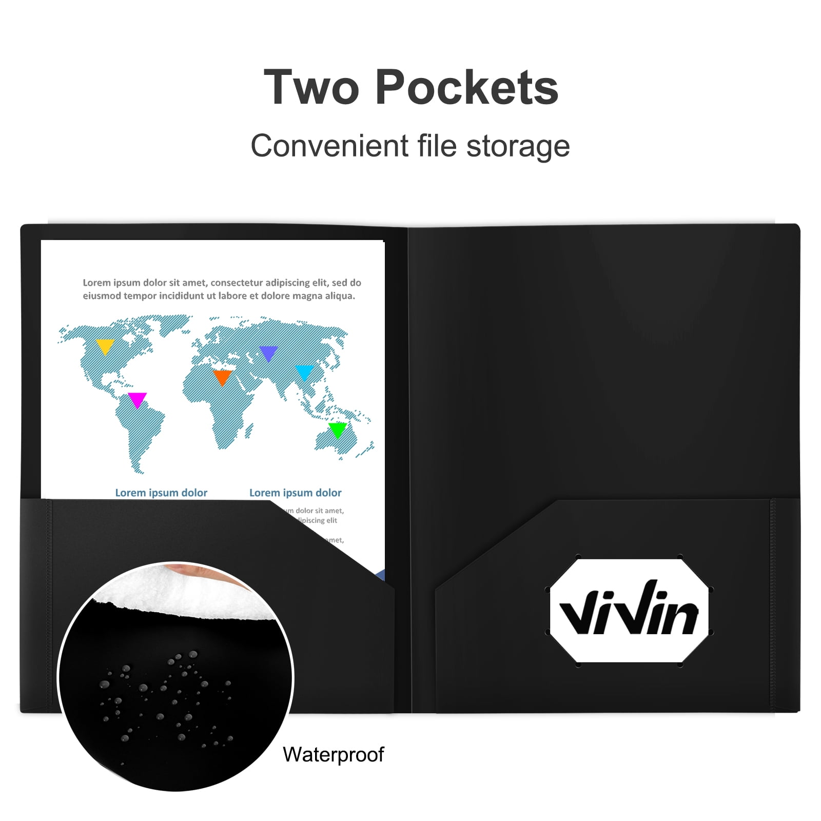 ViVin 12-Pack Sturdy Plastic Folder with 2 Pockets, Office School Home, Black