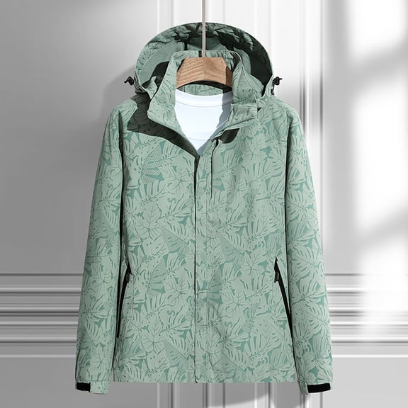 Green Warm Winter Coats, Polyester Solid Color Jackets, Women's Autumn and Winter Solid Color Maple Print Windproof and Rainproof Hooded Coat Breathable Outdoor Jacket, XL
