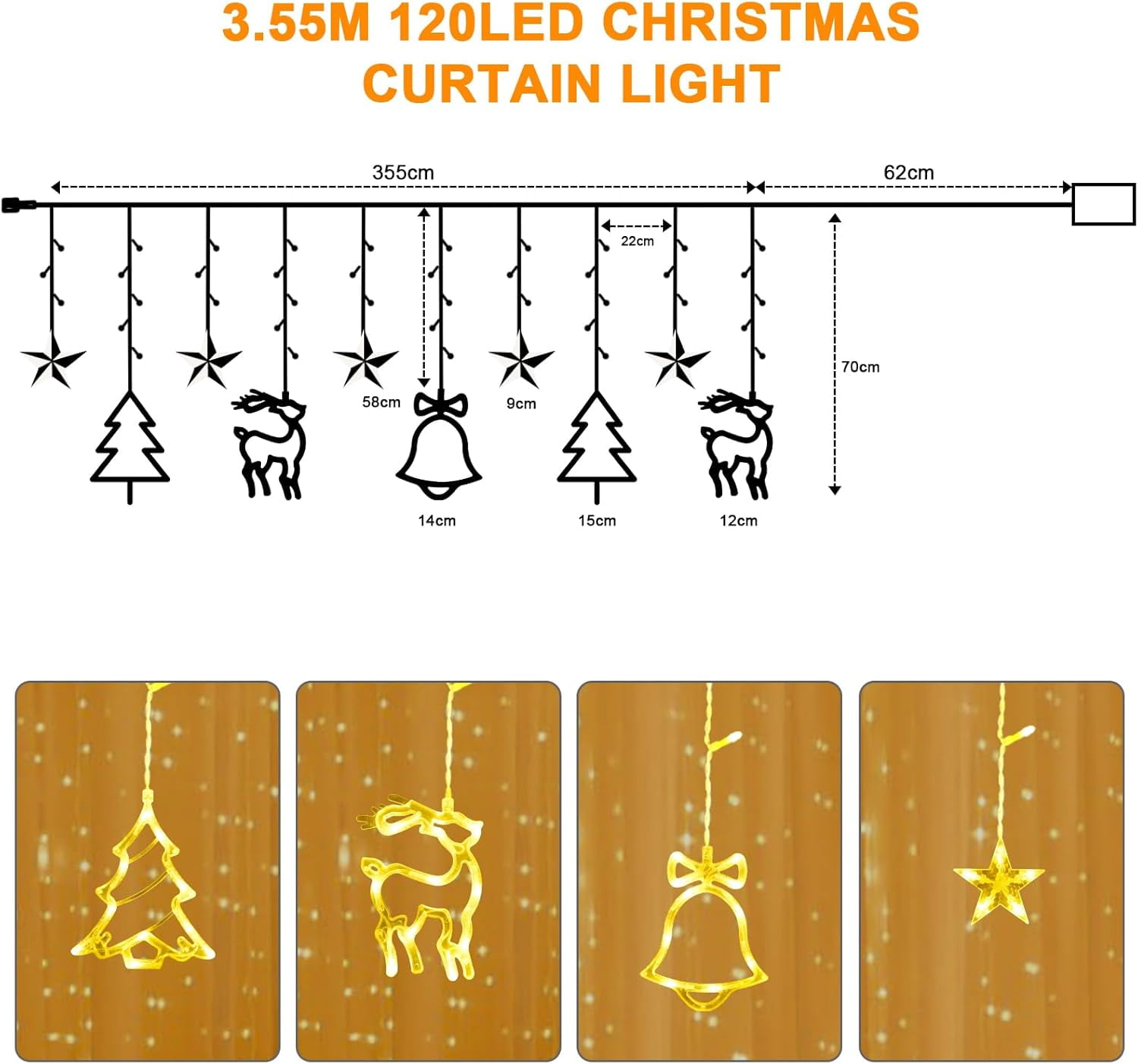 Qoosea 120 LEDs Christmas Curtain Lights Strings, 11.8ft Christmas Reindeer Decor Xmas Tree Star Christmas Window Lights with 8 Modes for Window Wall Diwali Light Decorations