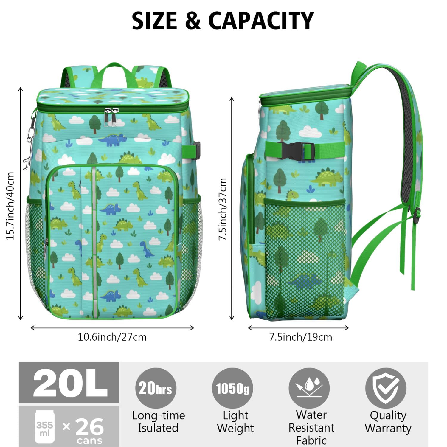 Travel Cooler Bag - LightBlue Cartoon Dinosaurs Trees Clouds Pattern Camping Beer Cooler Backpack with Bottle Opener- Waterproof Insulated Picnic Backpacks - Cooler Bag for Beach