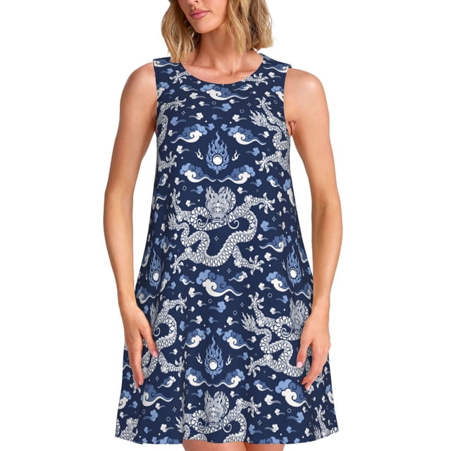 Balery Dragon Vestidos de verano para mujer con estampado: vestido holgado sin mangas, vestido playero informal y cómodo para días calurosos.