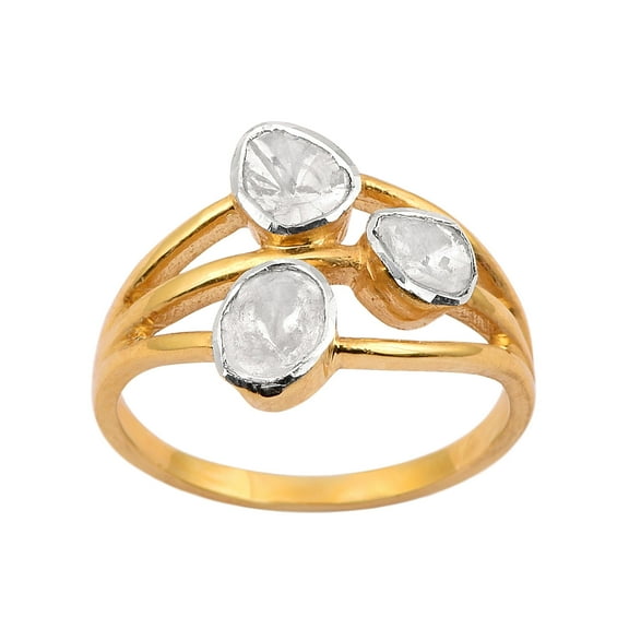 0.50 CTW Natural Diamond Polki Three Stone Multi Band Women Valentines Day Gifts Ring 925 Sterling Silver 14K Gold Plated