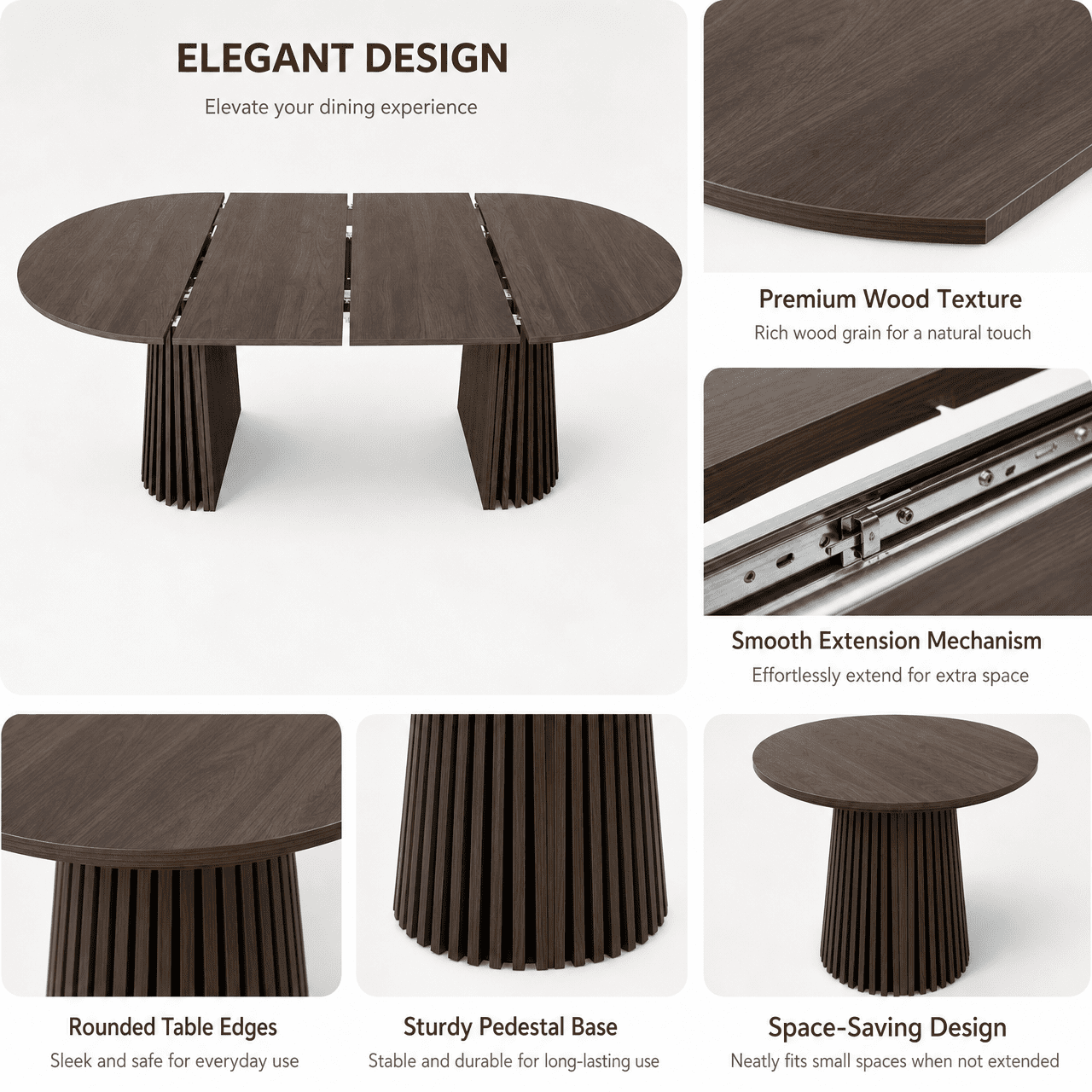 Dining Table 70.87 Inch, Extendable Kitchen Table with Oval Top and Slatted Wood Legs, Space-Saving MDF Table for Living Room and Dining Room, Walnut
