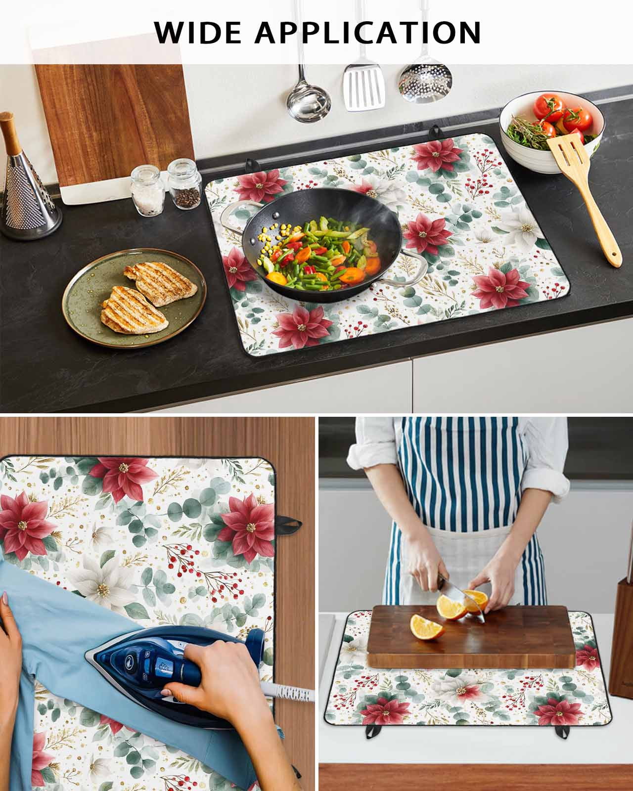 Large Induction Cooktop Protector Mat Christmas Stove Top Covers for Electric Stove, Xmas Botanical Floral Farmhouse Watercolor Decorative Stove Burner Cover Mats, Glass Top Stove Cover