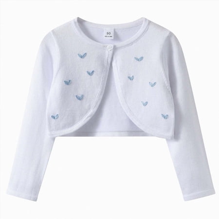 CAUYDY Girls Cardigan Sparkle Heart Embrodiery Childrens Kids Bolero Shrug Sweater Long Sleeve Fall Winter Jacket Cardigan(L101-White 13-14 Y)