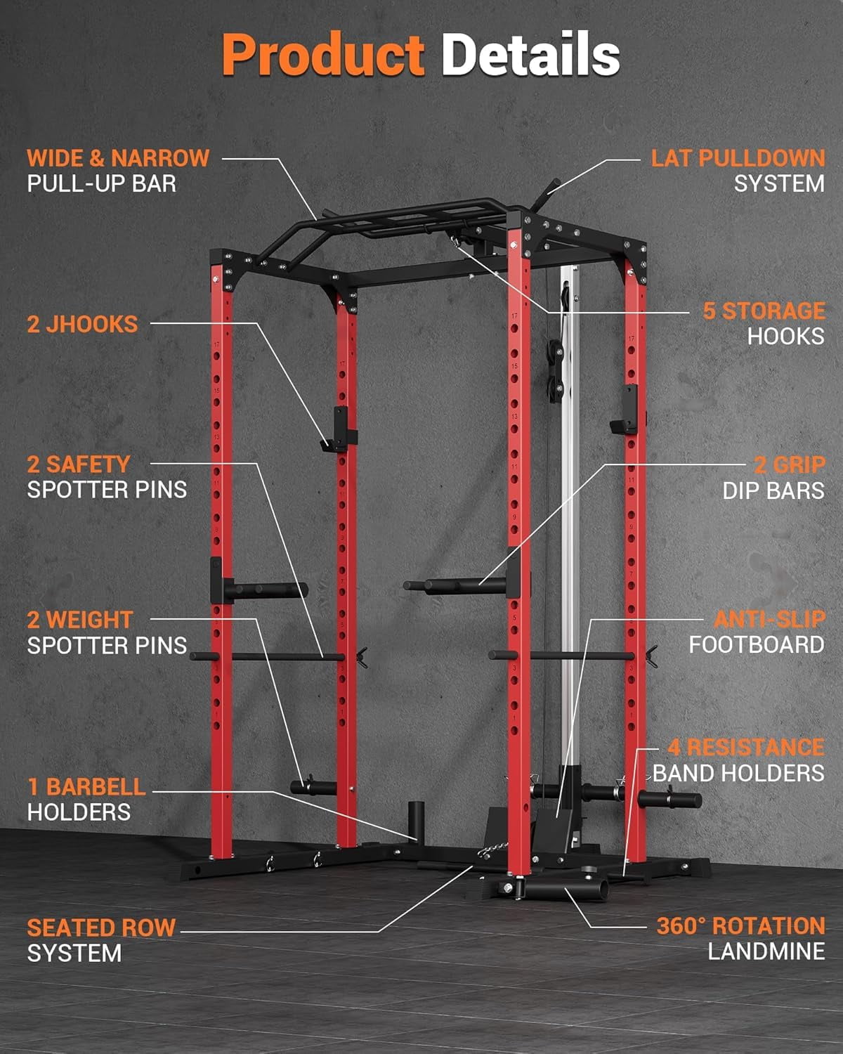 Power Cage with LAT Pull Down System, Multi-Functional Squat Rack with Low Row System, J-Hooks, Dip Bars, Pull Up Bar, 2000 LB Heavy Duty Power Rack Fitness Equipment for Home Gym