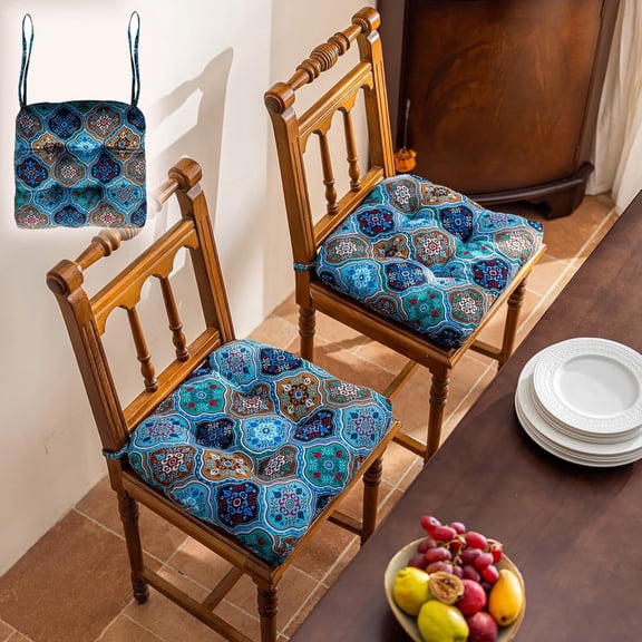 2 Pack Boho Geometric Chair Cushions with Ties U-Shaped Soft Cozy Cotton Linen Chair Pads Non Slip Seat Cushions for Indoor Dining Room and Kitchen Chairs (Blue,16"x16")