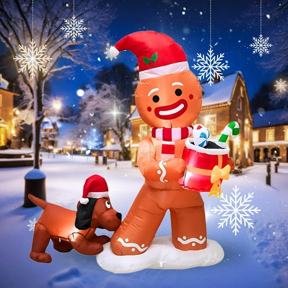 5FT Inflatable Gingerbread Man with Dog Outdoor Decoration, Christmas Blow Up Yard Decorations, Built-in LED Lights Inflatables Xmas Holiday Funny Decor for Indoor Lawn Garden