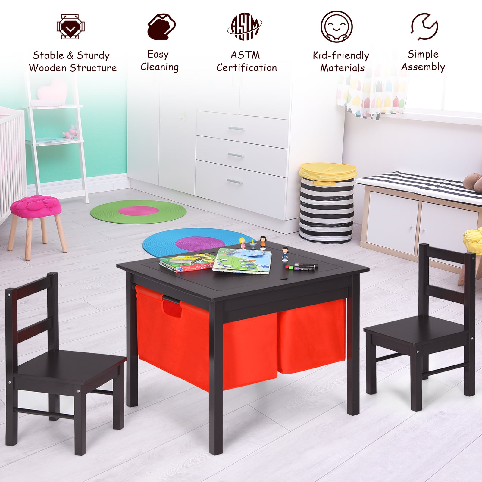 Infans 2-in-1 Kids Activity Table & 2 Chairs Set w/Storage Building Block Table