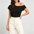 thumbnail image 5 of SELONE Off the Shoulder Tops for Women Summer Tops for Women Casual Off the Shoulder Short Sleeve Cold Shoulder Loose Fit T Shirts Summer Blouse Shirt Fashion Beach Classy Y2K Soft Basic Black L, 5 of 13