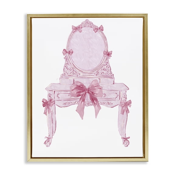 Stupell Industries Lovely Pink Vanity with Bows Fashion Painting Gold Floater Framed Canvas Art Print Wall Art, 17 x 21