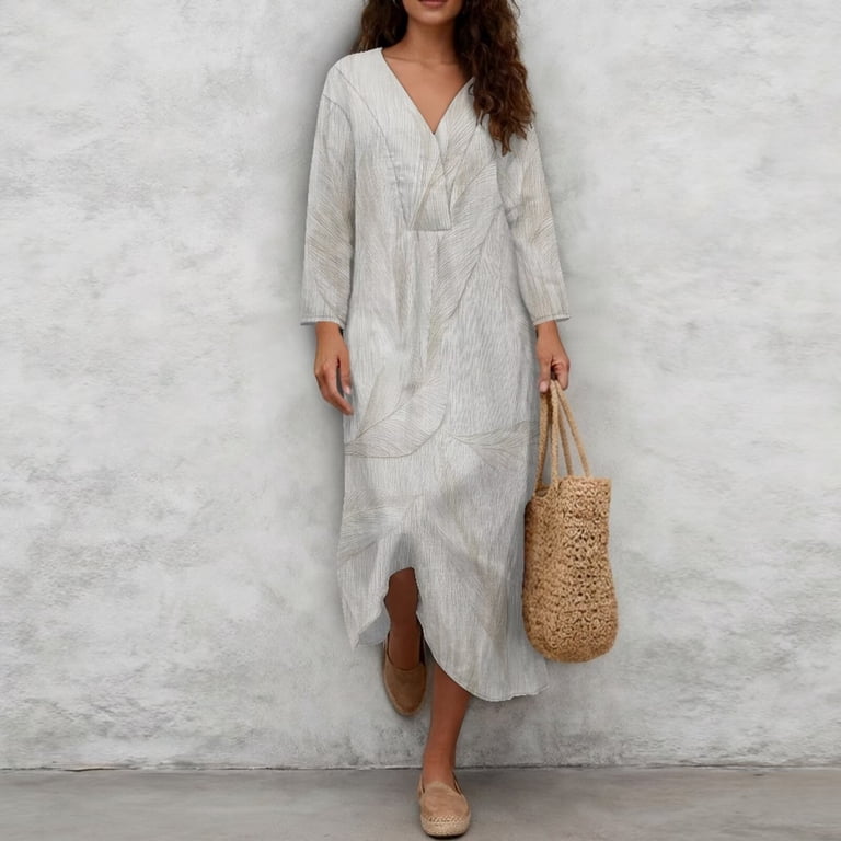 Renewold Light Minimalist Leaf Print Casual Dresses for Women Fall Dresses Loose Swing Oversized Dress Fashion V Neck Tunic Sundress Lightweight Swimsuit Coverup, 3XL