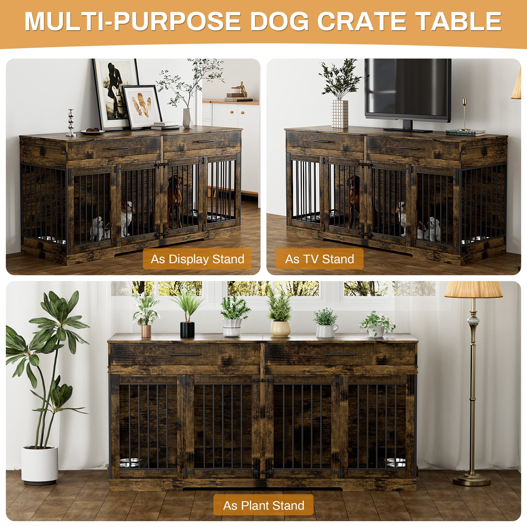 WIILAYOK 72.05" Dog Crate Furniture, Wooden Dog Kennel with 2 Drawers and 4 Dog Bowls, Heavy Duty Indoor Furniture Style Dog Cage House(Rustic Brown)