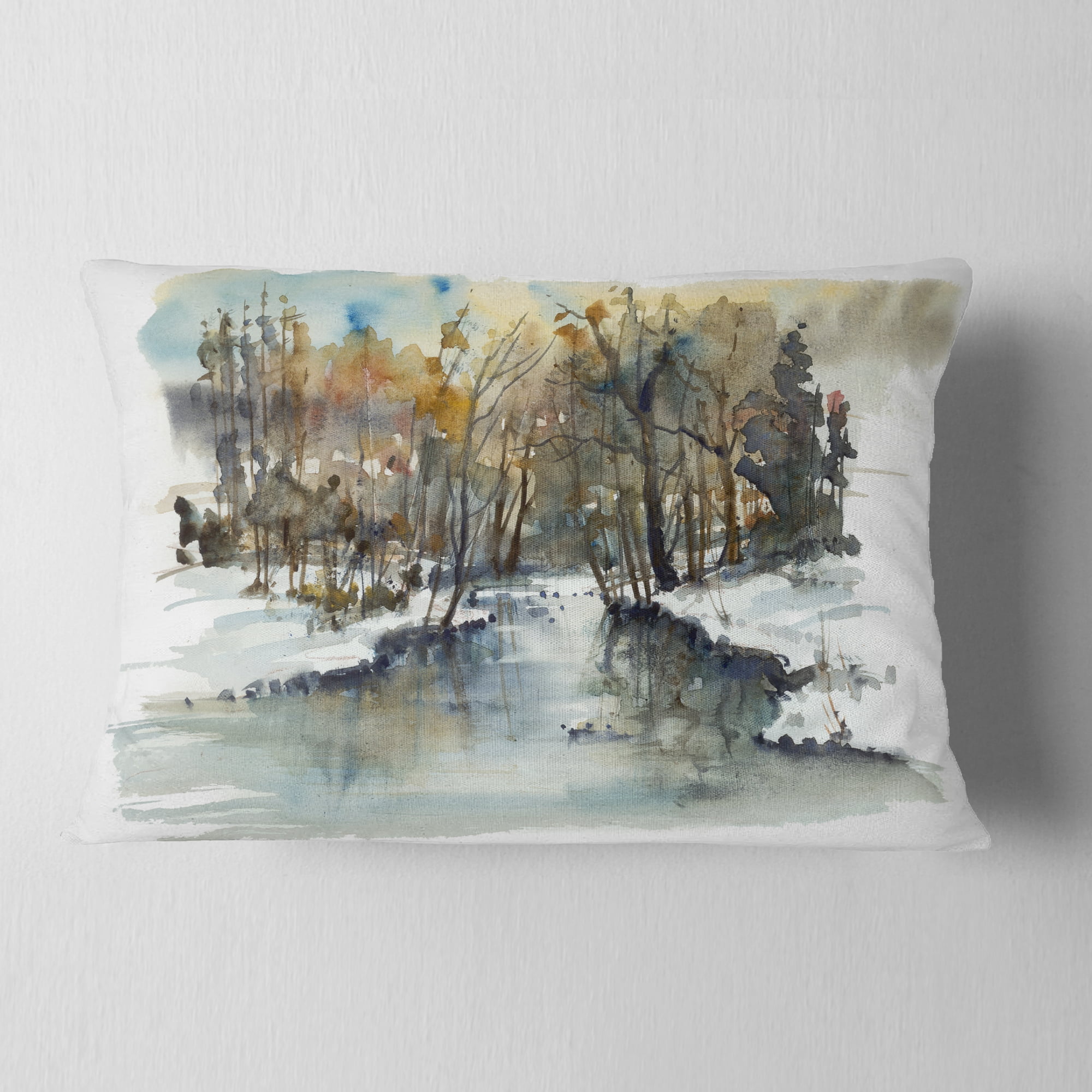 Designart River in Woods Watercolor - Landscape Painting Throw Pillow - 12x20