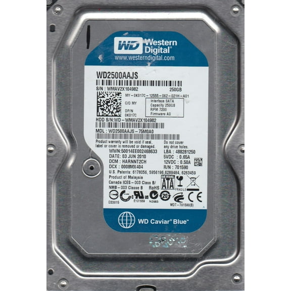 WD2500AAJS-75M0A0, DCM HARNNT2CH, Western Digital 250GB SATA 3.5 Hard Drive