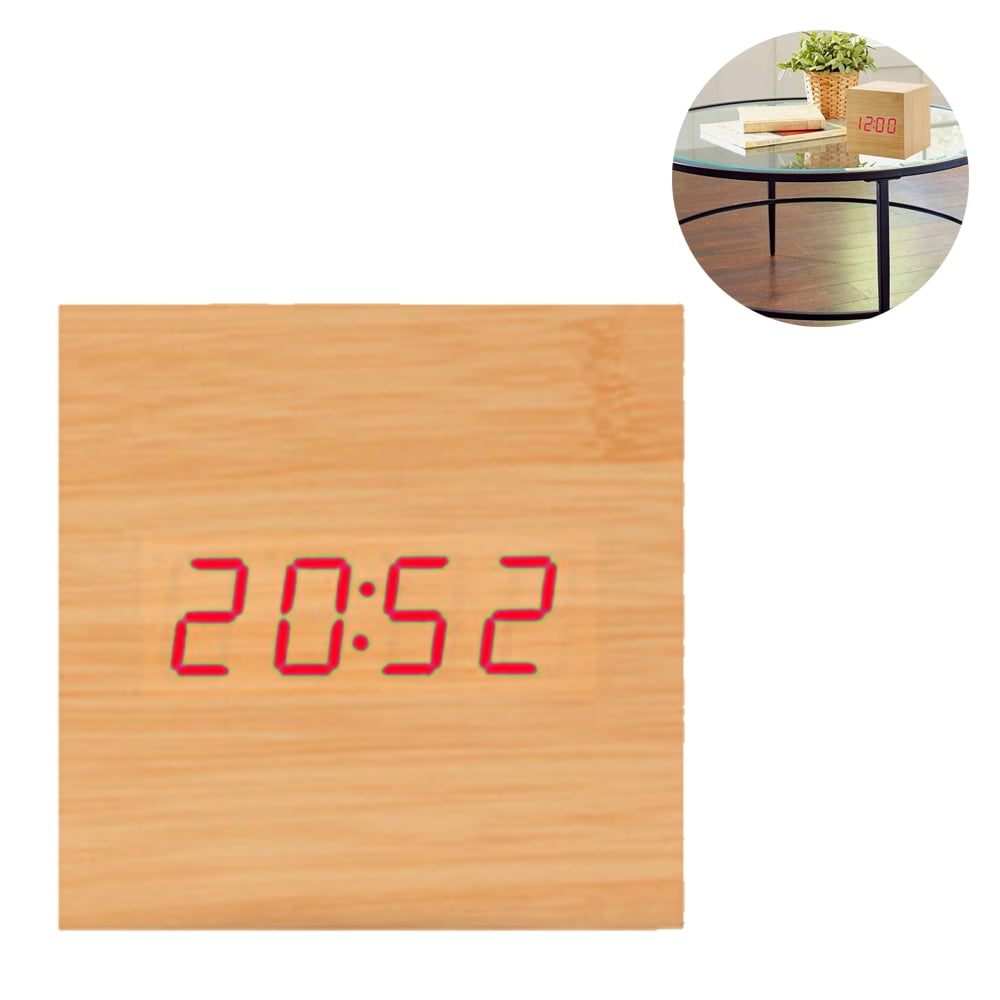 Digital Alarm Clock, Wood LED Light Mini Modern Cube Desk Alarm Clock Displays Time Date