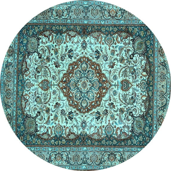 Ahgly Company Indoor Round Medallion Light Blue Traditional Area Rugs, 5' Round
