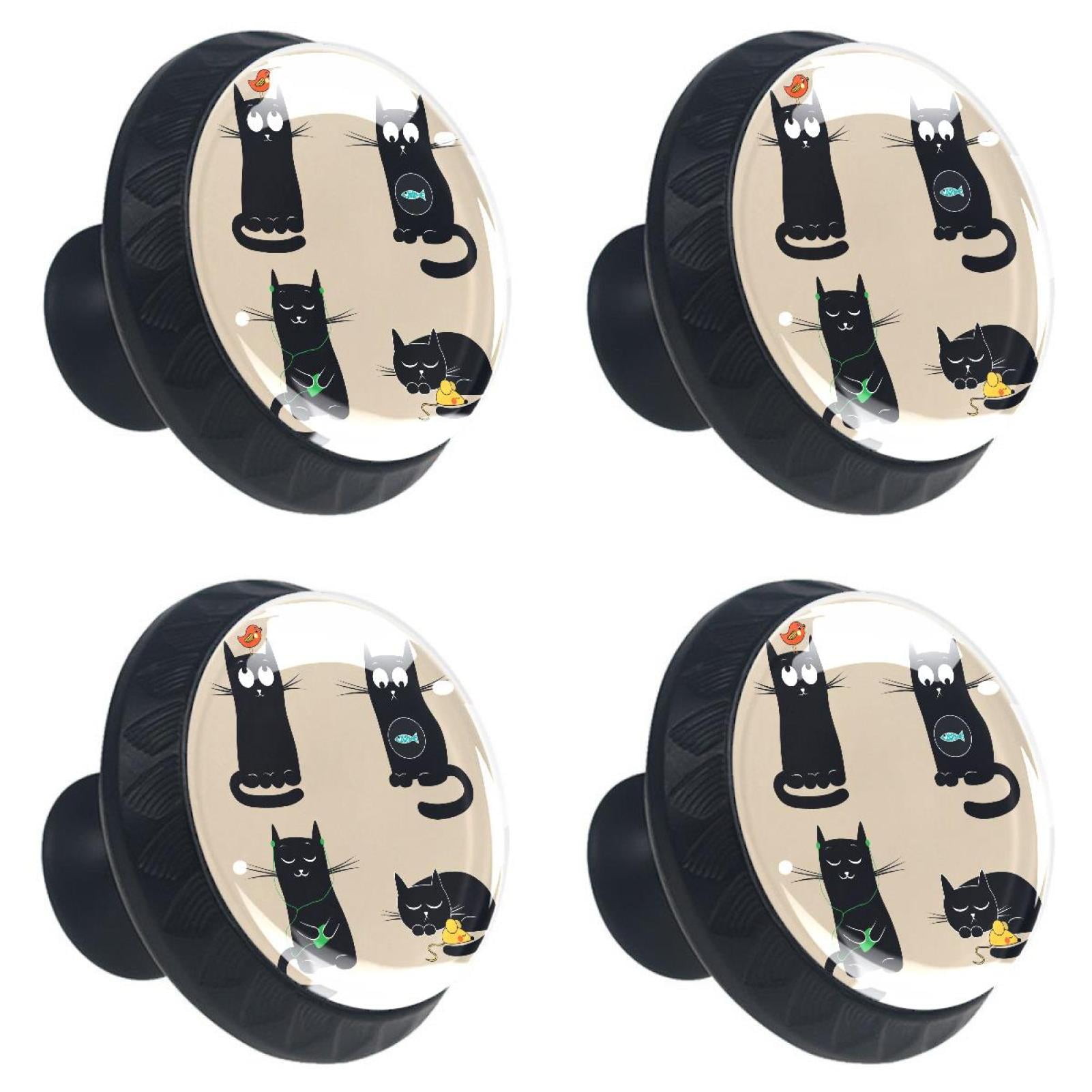 Ownta Cute Funny Pure Black Cats Kitty Black Round Glass Drawer Handles Knobs Pulls With Screws for Kitchen Cabinet Bathroom Cabinet Makeup Cabinet Study Cabinet 4PCS