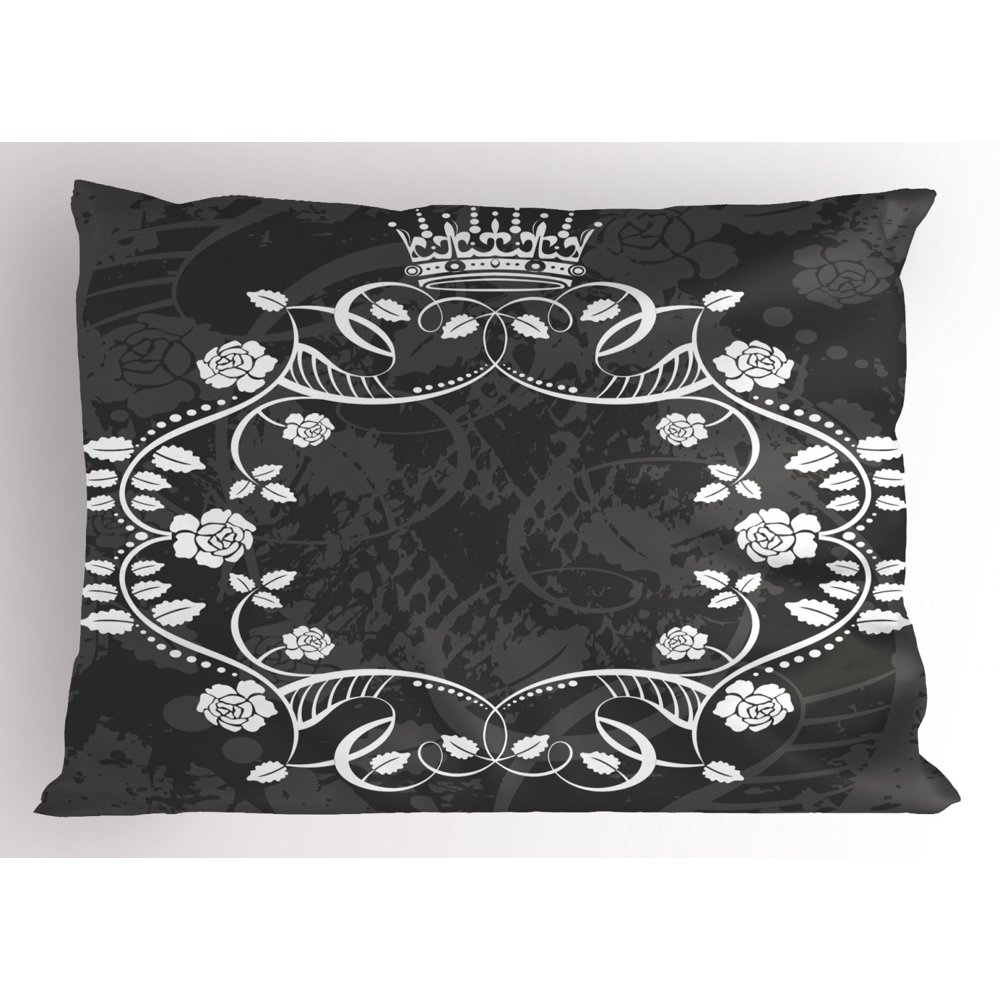 Queen Pillow Sham Delicate Victorian Antique Circular Flora with Crown