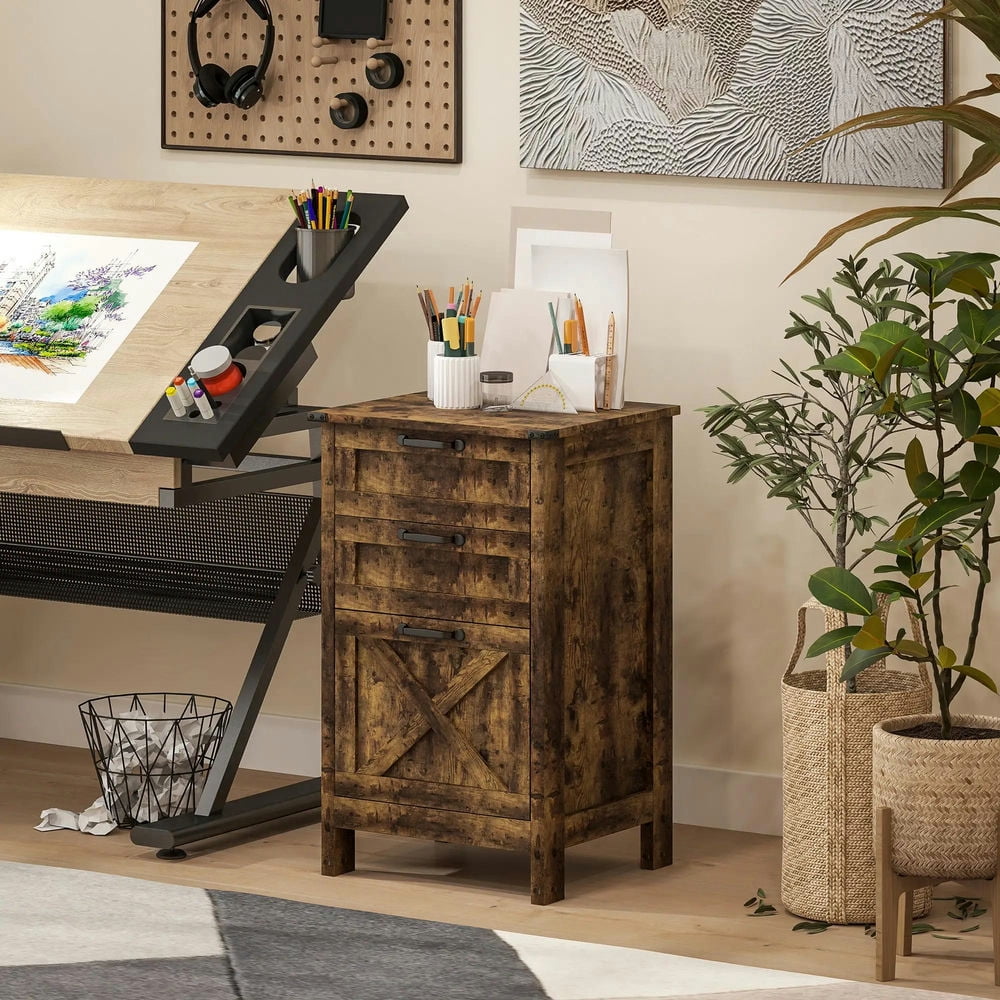Topcobe Vertical File Cabinet with 3 Drawers, Rustic Farmhouse Office Storage Cabinet for A4, Letter Size, Modern Furniture for Indoor, Rustic Brown