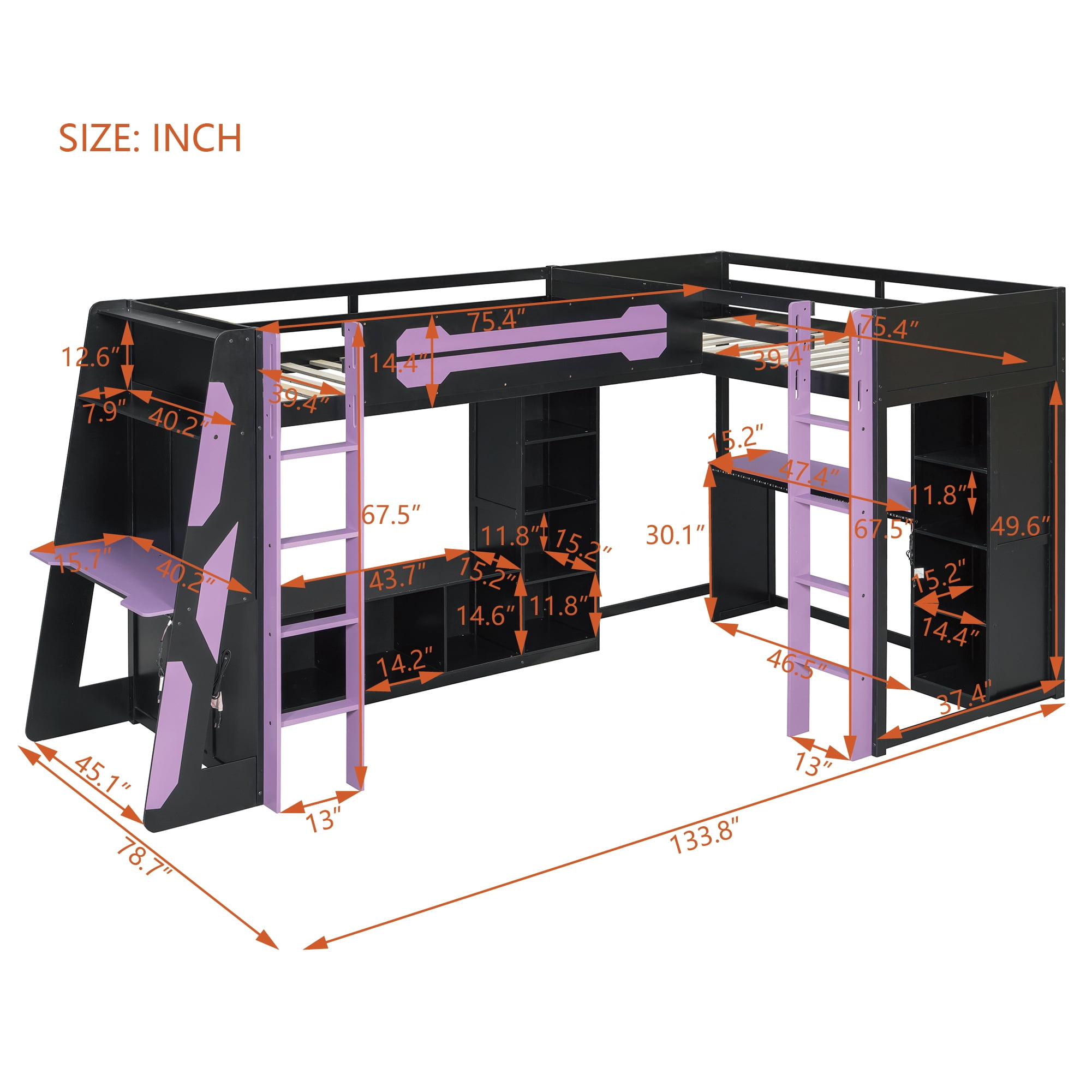 Mintazer L-Shaped Twin Loft Bed with 2 Gaming Desks, Gaming Loft Bed with RGB Lights & USB Charging Station, Black & Purple