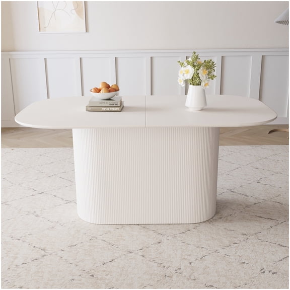Modern Cream Dining Table 63 Inch Long, Farmhouse Kitchen Table for Family, MDF Table with Regular Edge and Decorative Legs