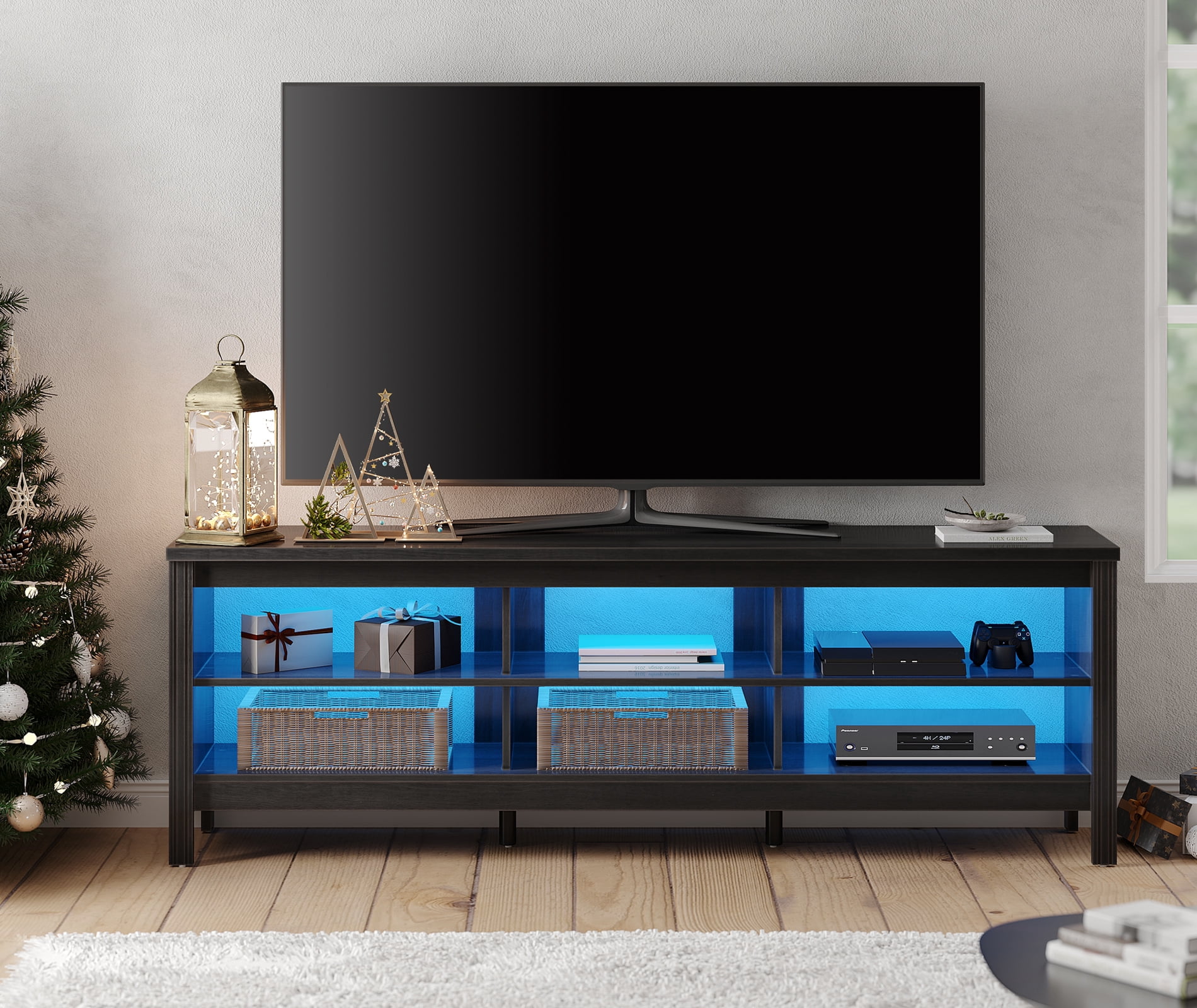 Farmhouse TV Stand for 75 inch TV with LED Light & 6 Storages for Living Room, Black Media Console for Bedroom, 70 inch