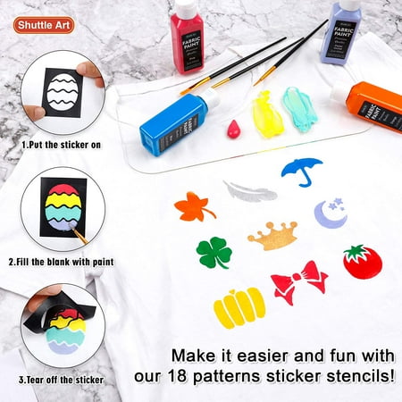 Fabric Paint, Shuttle Art 18 Colors Permanent Soft Fabric Paint in Bottles (60ml/2oz) with Brushes, Palette, Stencils, Textile Paint for T-shirts, Shoes, Jeans, Bags, Art Crafts
