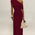 thumbnail image 3 of Burgundy Women One Shoulder Ruched Maxi Dress Asymmetrical Draped Neck Slim Fit Evening Party Gown, 3 of 5