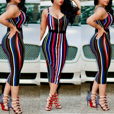 Women's Sexy Summer Bodycon Evening Party Club Colorful Dress Sleeveless Striped Dresses