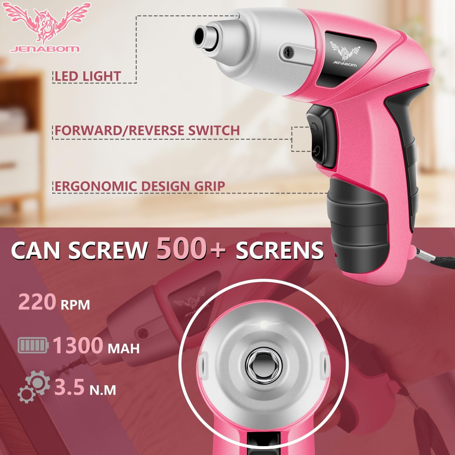 Pink Cordless Electric Screwdriver, 3.6V Rechargeable Small Electric Drill with 24pcs Driver Bit Set, Power 3.5Nm Screw Gun with LED Light for Women