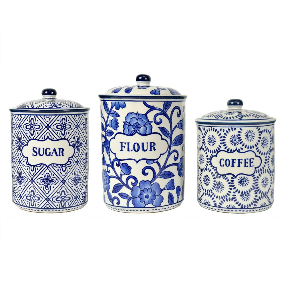 Set of 3 Blue and White Floral Designed Canister 11"