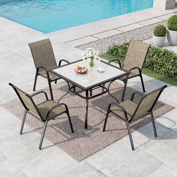 SUMMIT LIVING 5-Piece Outdoor Patio Dining Set, 4 Stackable Textilene Chairs (Weight Capacity 350 lbs) and Metal Square Table with Marble Tabletop, Black & Grayish-brown