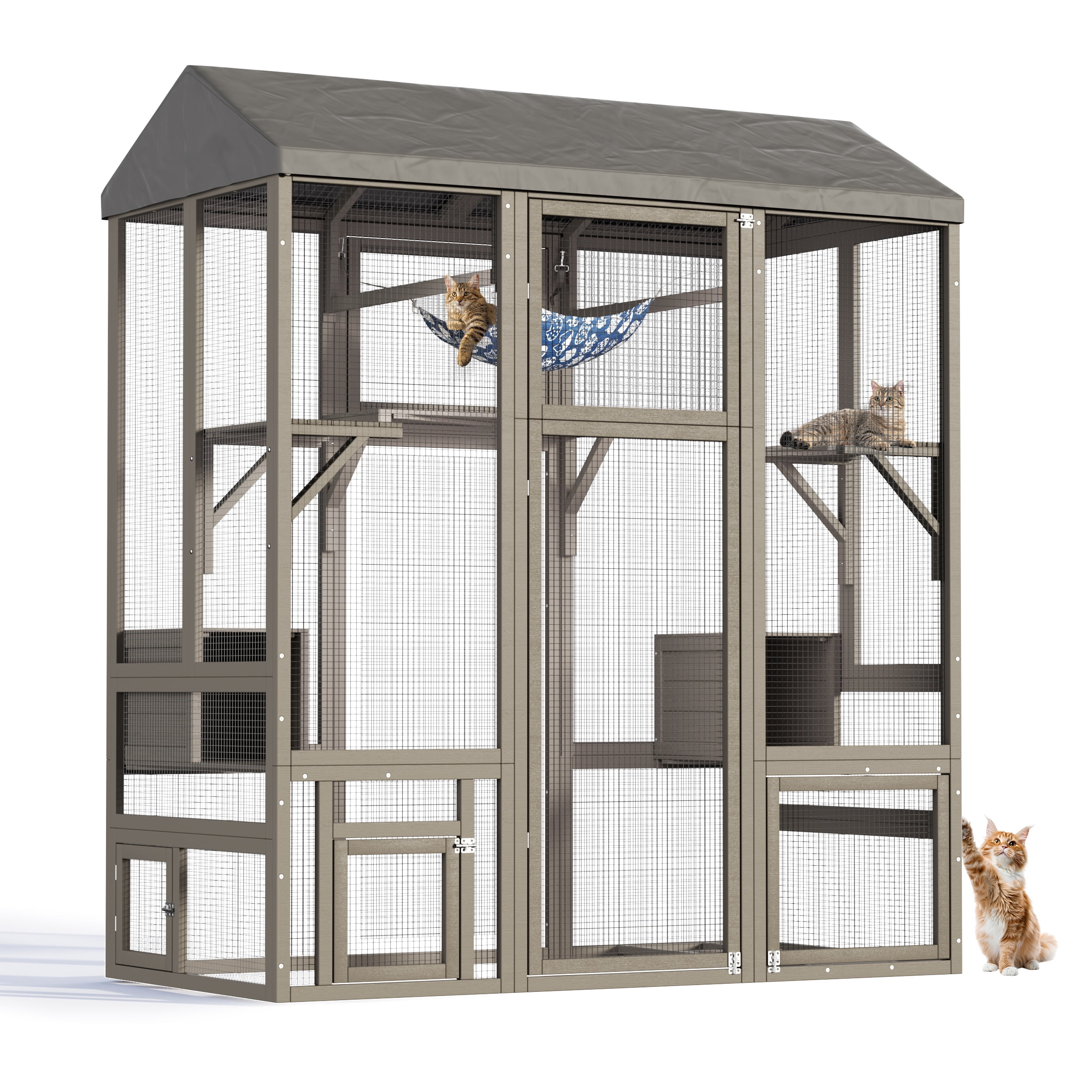 TIMHAKA 71'' Catio Outdoor Cat Enclosure, Large Cat Catio with Window Access, Hammock, 7 Platforms and 2 Resting Box, Gray