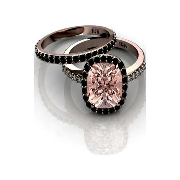 2.00 carat Morganite and Black diamond Halo Bridal Set in 10k Rose Gold
