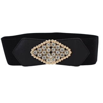 Vtg Black Elastic Stretch Belt Gold Tone Floral Clover Bow Knot Buckle Up To 31\