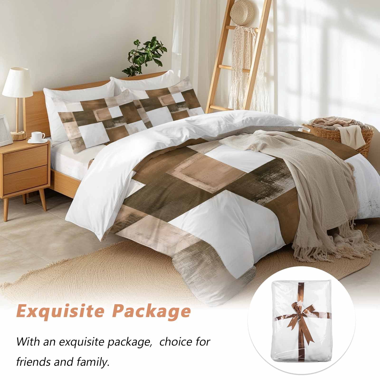 Brown Abstract Duvet Cover Set Full Size Modern Rustic Geometric Color Block Plaid Soft Lightweight Comforter Covers 4 Piece Bedding Set with 1 Duvet Cover 1 Bed Sheet & 2 Pillow Shams