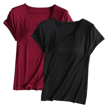 WCMZJ 2PCS Womens Built in Bra T Shirt Padded Active Yoga Oversize Tops Short Sleeves Plain Blouses Soft Pajama Casual Workout Shirts Wine S