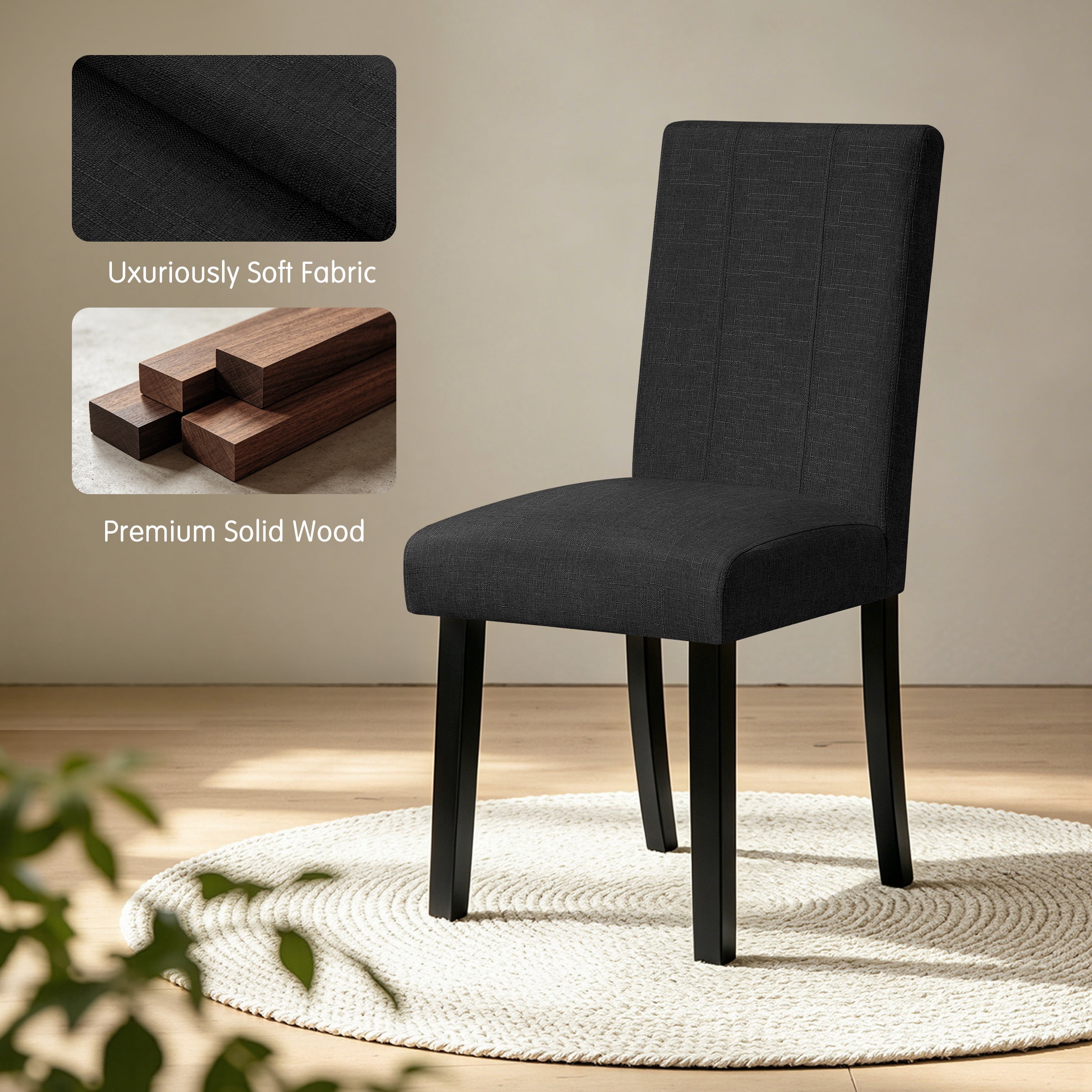 CHUN YI Upholstered Dining Chairs Set of 2, Modern Farmhouse Fabric Dining Chairs with Solid Rubberwood Frame for Kitchen & Dining Room, Black