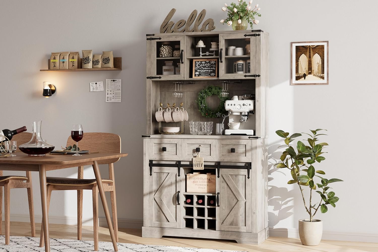 Homhougo 72" Kitchen Pantry Storage Cabinet with Hutch and Sliding Barn Door, Farmhouse Tall Buffet Cabinet with Drawers, Large Coffee Bar with Wine & Glasses Rack, for Home Living Room, Grey