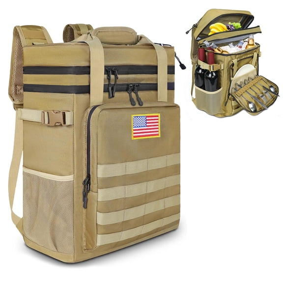 IC ICLOVER Tactical Backpack Cooler 40 Cans Double Deck Waterproof Leakproof Insulated Lunch Box Bag, Sand